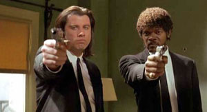 John Travolta en Samuel L Jackson als hippe gangsters in Pulp Fiction